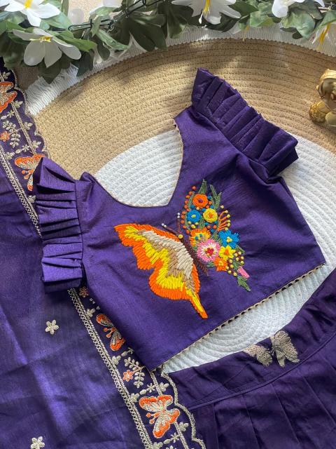 Butterfly Buff Lehengha-Choli Dupatta Vichitra Silk Purple Cheap kids wear supplier in Kolkata - wholesale export